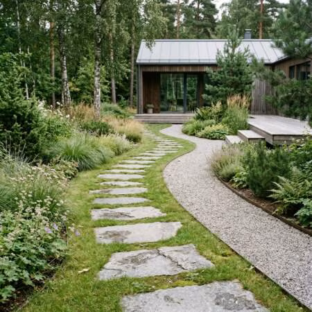 Садовые дорожки в natural garden с плитами и зеленью